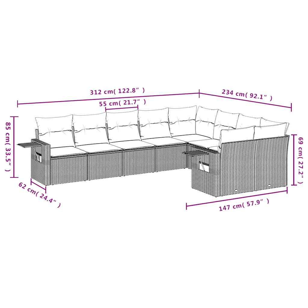 Set Muebles Jardín 9 Pzas Y Cojines Ratán Sintético