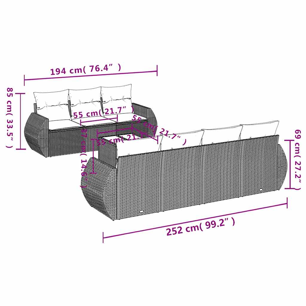 Set De Sofás De Jardín 8 Pzas Y Cojines Ratán Sintético Gris