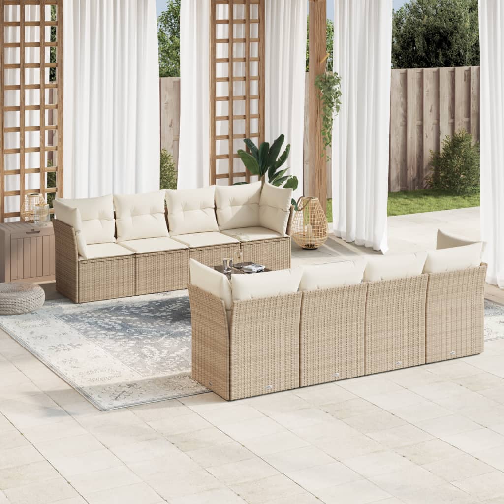 Set De Sofás De Jardín 9 Pzas Con Cojines Ratán Sintético Beige