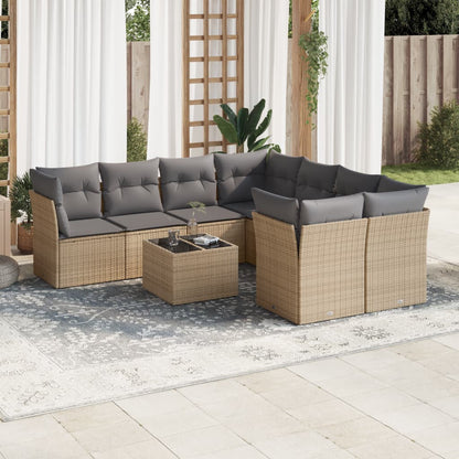 Set De Sofás De Jardín 9 Pzas Con Cojines Ratán Sintético Beige