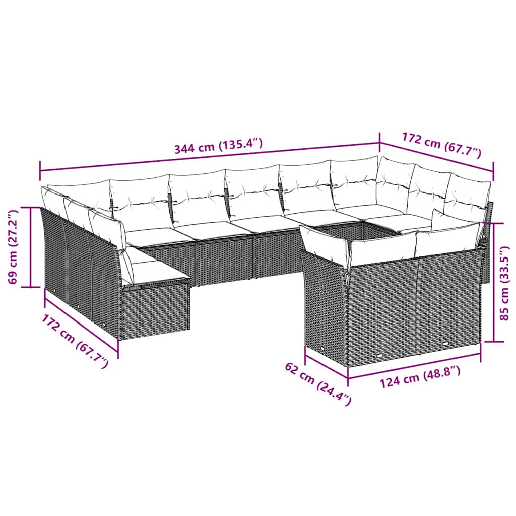 Set De Sofás De Jardín 12 Pzas Y Cojines Ratán Sintético Gris