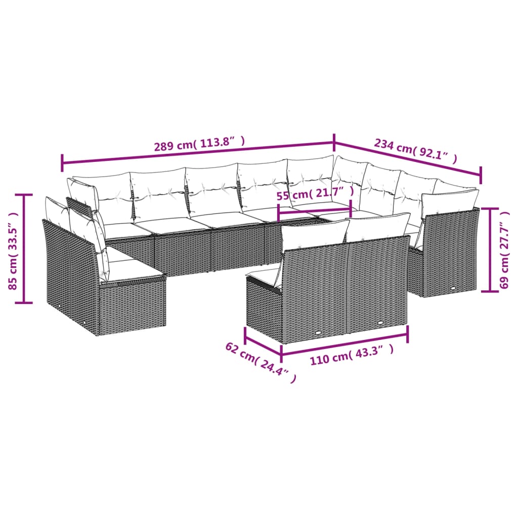 Set De Sofás De Jardín 12 Piezas Cojines Ratán Sintético Negro