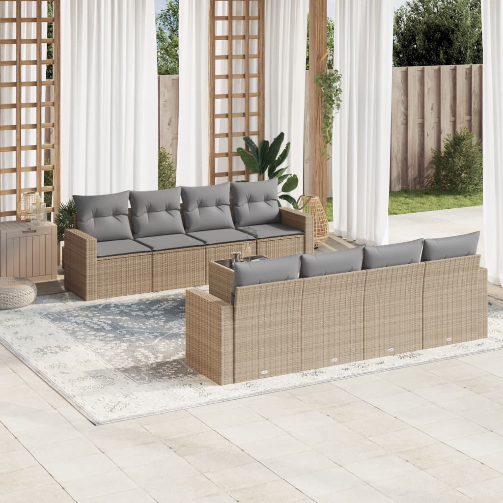 Set De Sofás De Jardín 9 Pzas Con Cojines Ratán Sintético Beige
