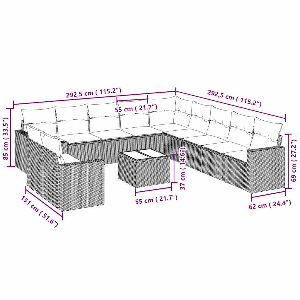 Set De Sofás De Jardín 12 Pzas Y Cojines Ratán Sintético Gris