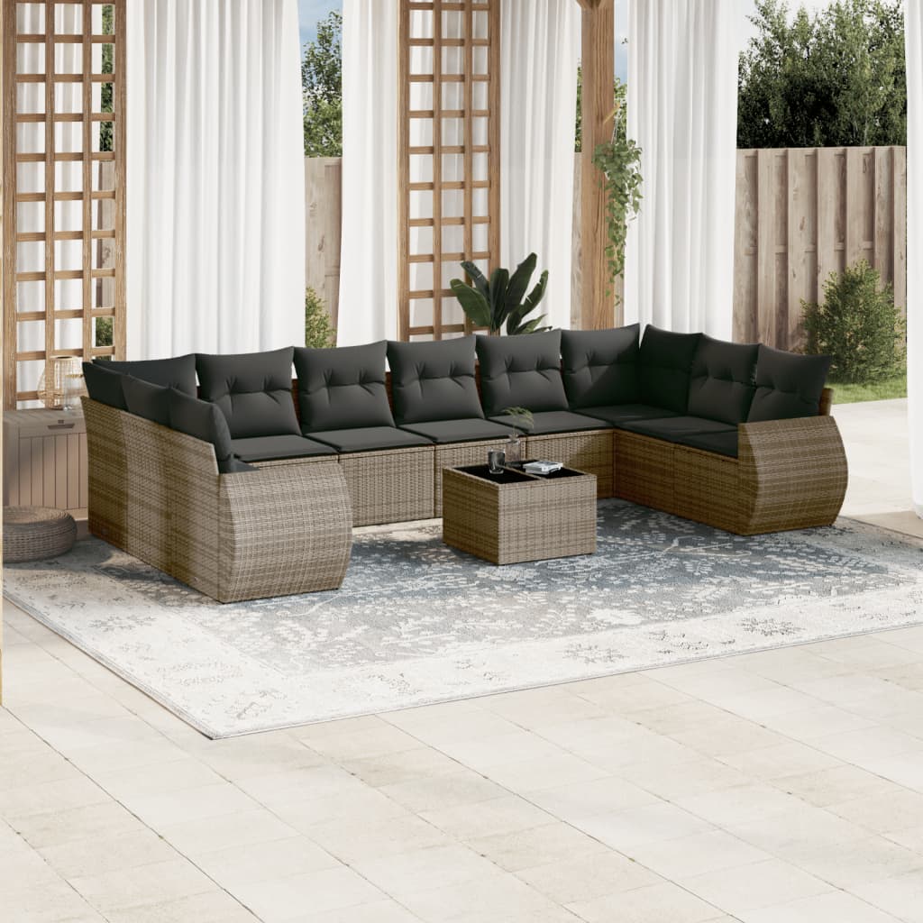 Set De Sofás De Jardín 11 Pzas Y Cojines Ratán Sintético Gris