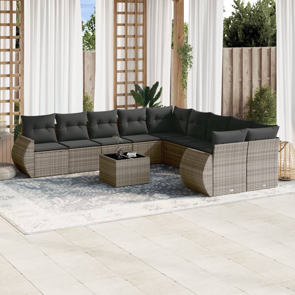 Set De Sofás De Jardín 11 Pzas Y Cojines Ratán Sintético Gris