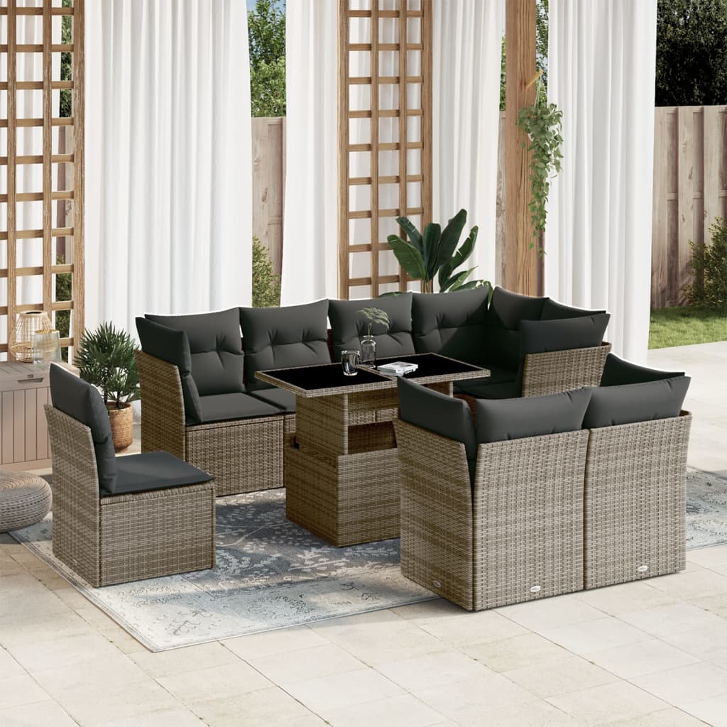 Set De Sofás De Jardín Con Cojines 9 Pzas Ratán Sintético Beige
