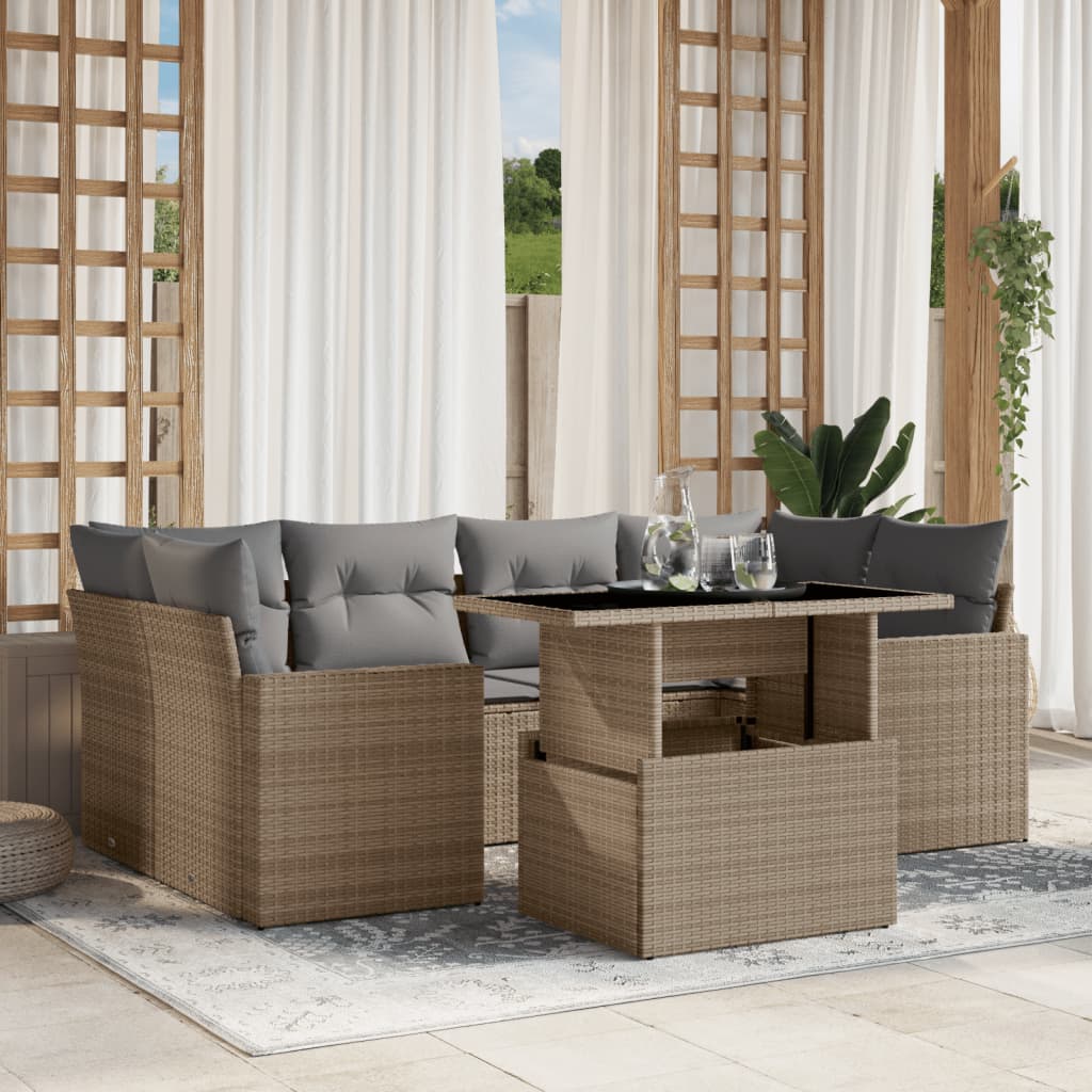 Set Sofás De Jardín 7 Piezas Y Cojines Ratán Sintético Beige