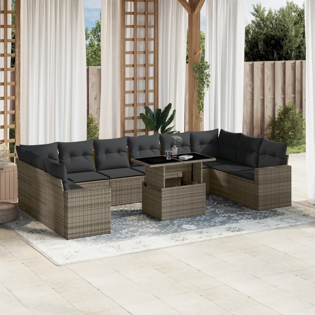 Set De Sofás De Jardín 11 Pzas Y Cojines Ratán Sintético Gris