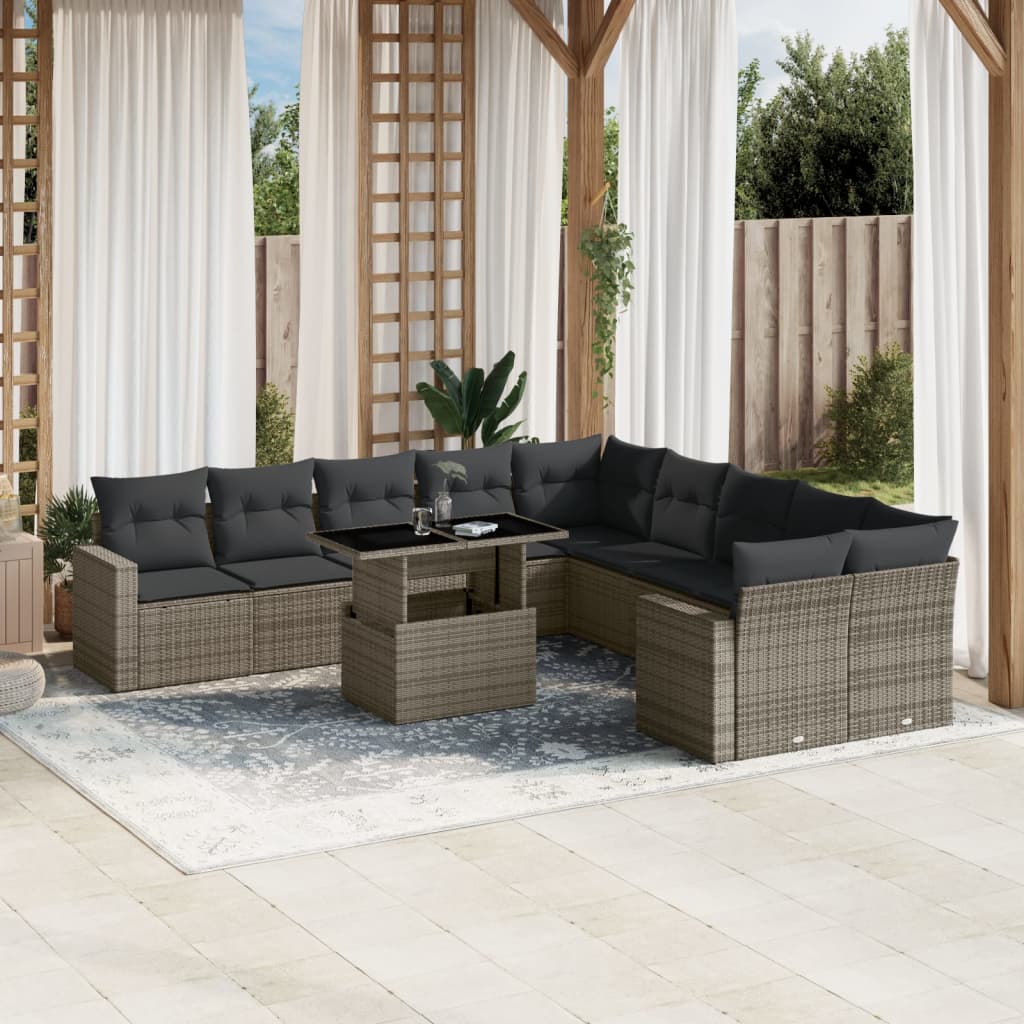 Set De Sofás De Jardín 11 Pzas Y Cojines Ratán Sintético Gris