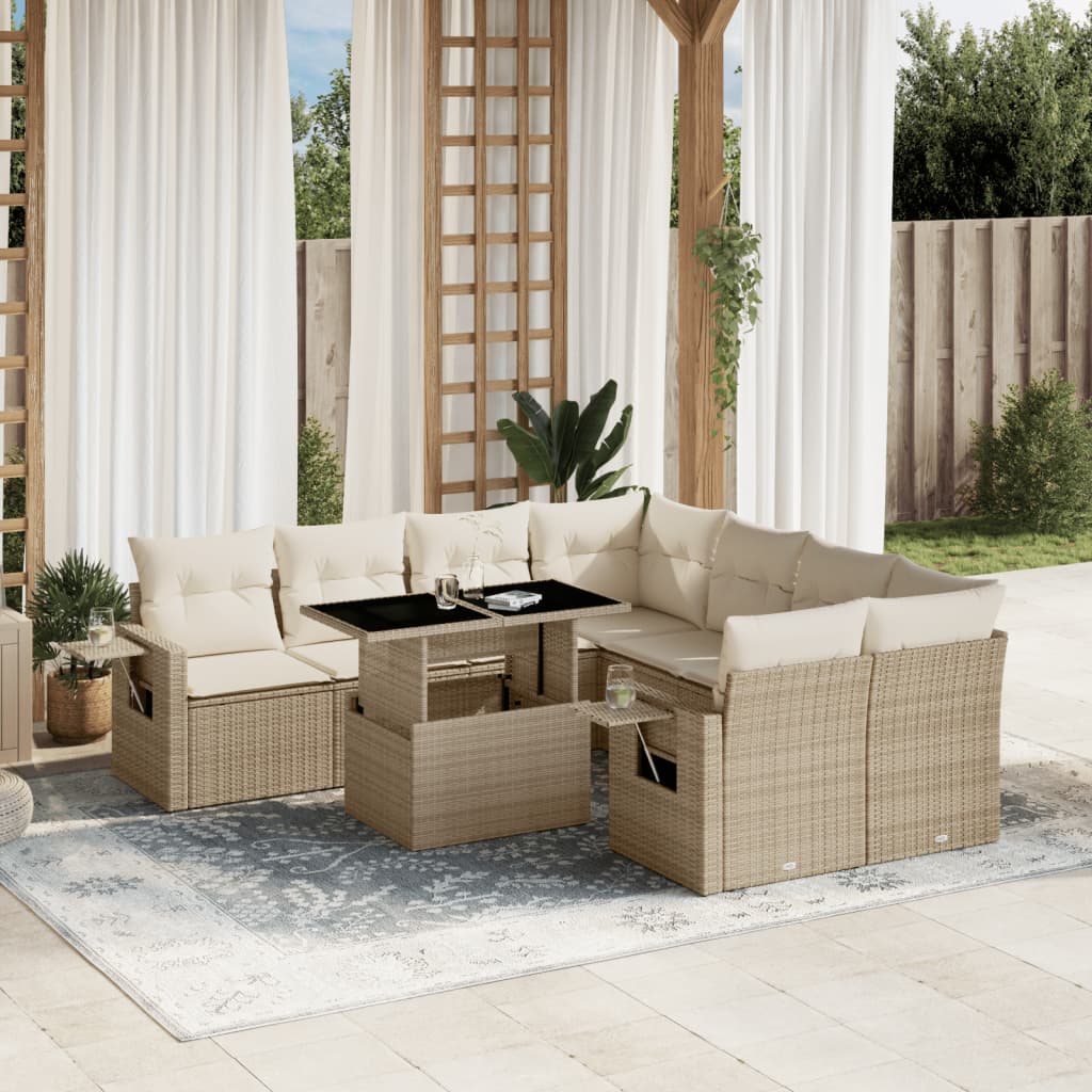 Set De Sofás De Jardín Con Cojines 9 Pzas Ratán Sintético Beige