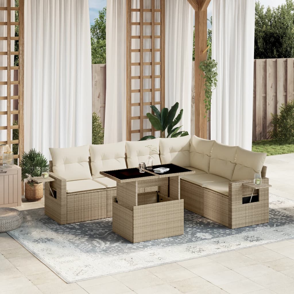 Set Sofás De Jardín 7 Piezas Y Cojines Ratán Sintético Beige
