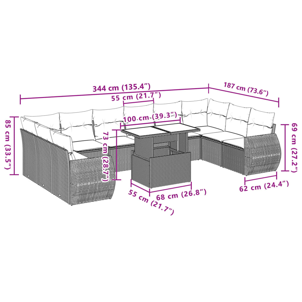 Set De Sofás De Jardín 11 Pzas Cojines Ratán Sintético Marrón