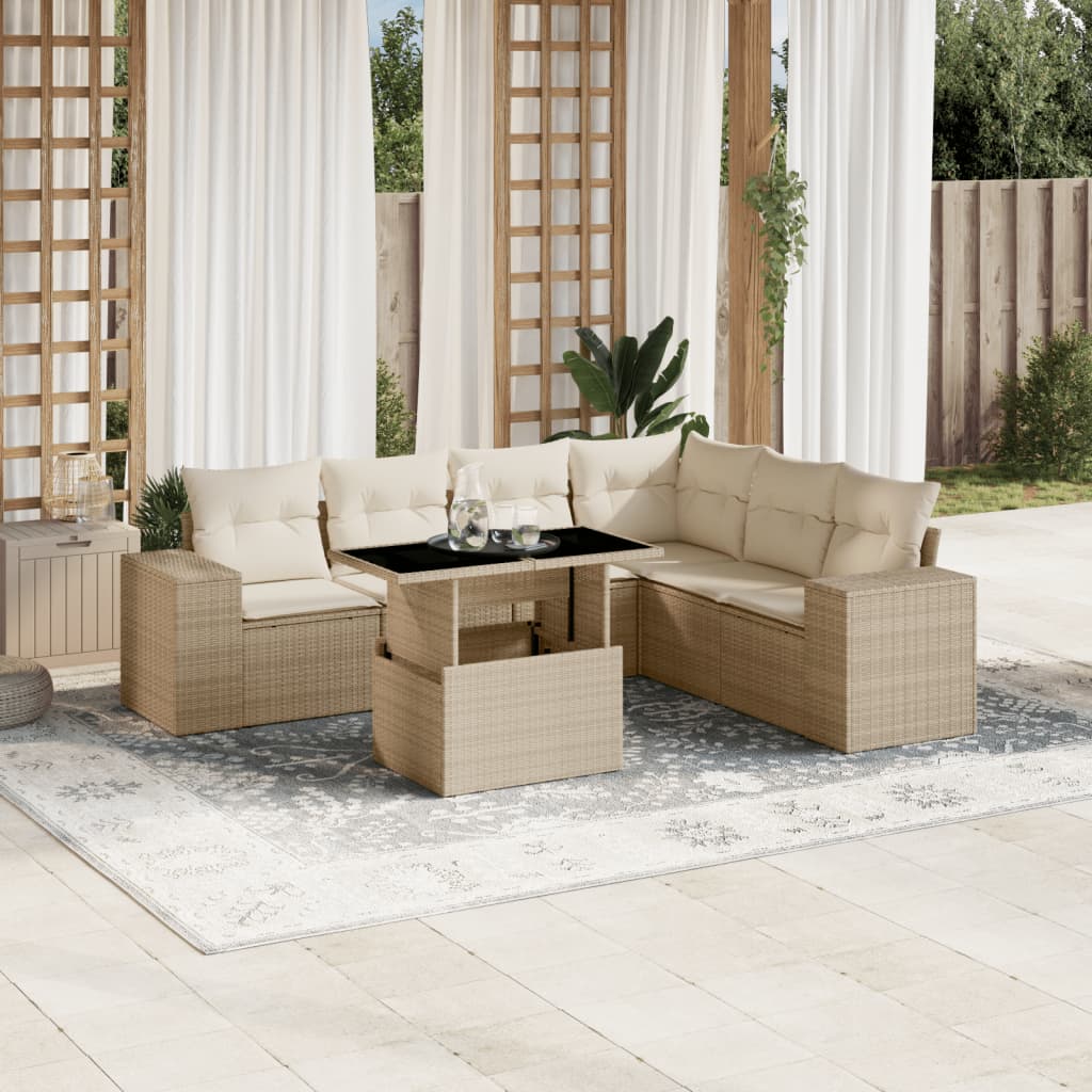 Set Sofás De Jardín 7 Piezas Y Cojines Ratán Sintético Beige