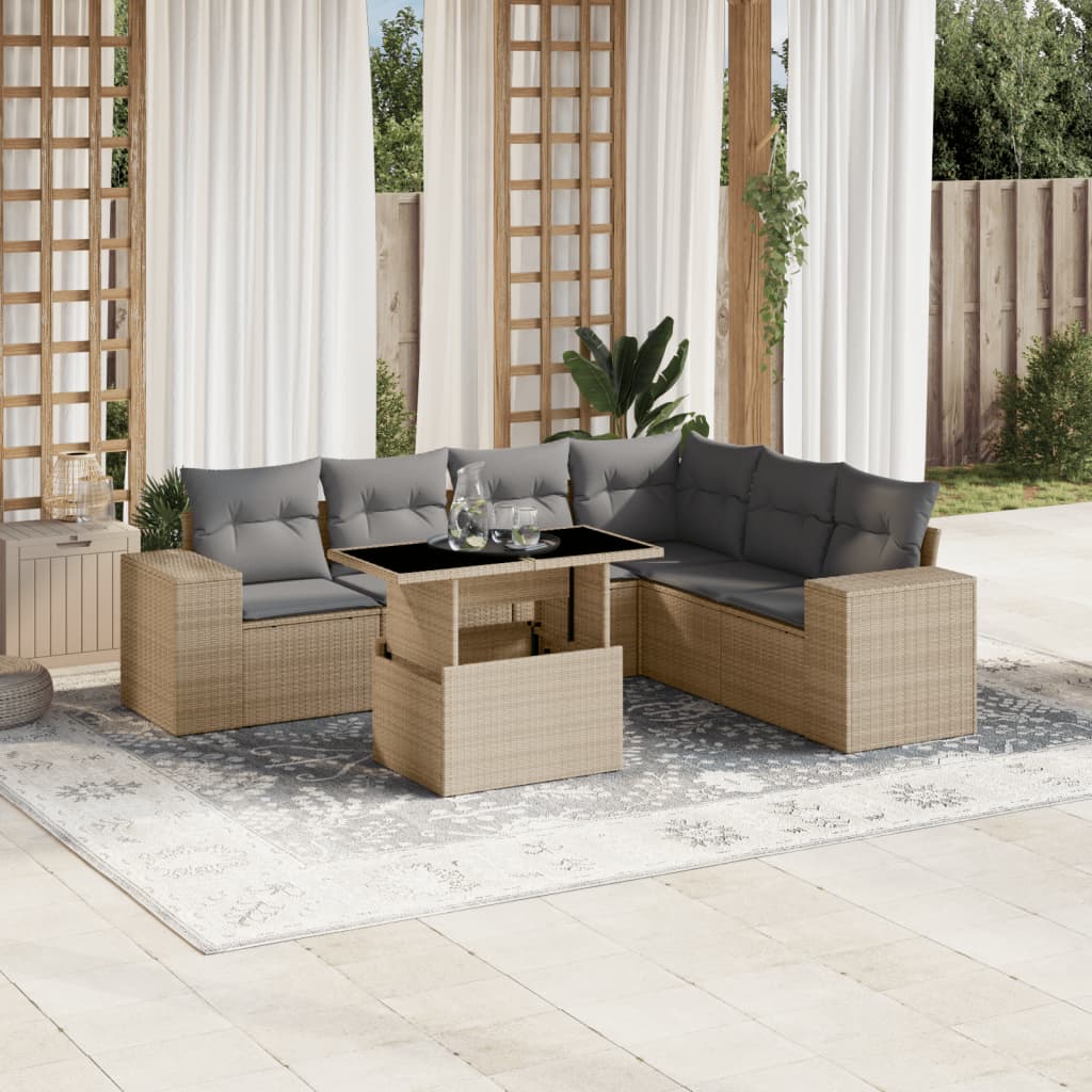 Set Sofás De Jardín 7 Piezas Y Cojines Ratán Sintético Beige