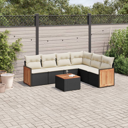Set De Comedor De Jardín 7 Pzas Y Cojines Ratán Sintético Negro