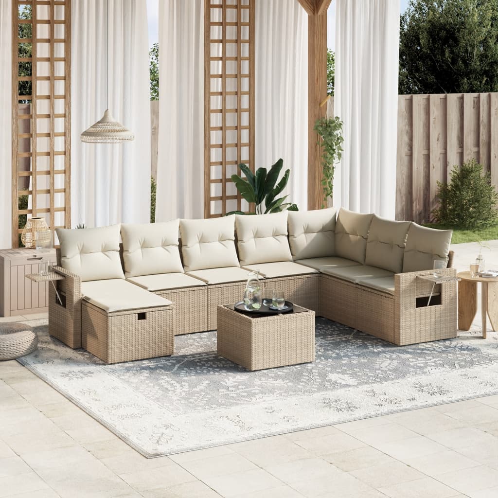 Set De Sofás De Jardín Con Cojines 9 Pzas Ratán Sintético Beige