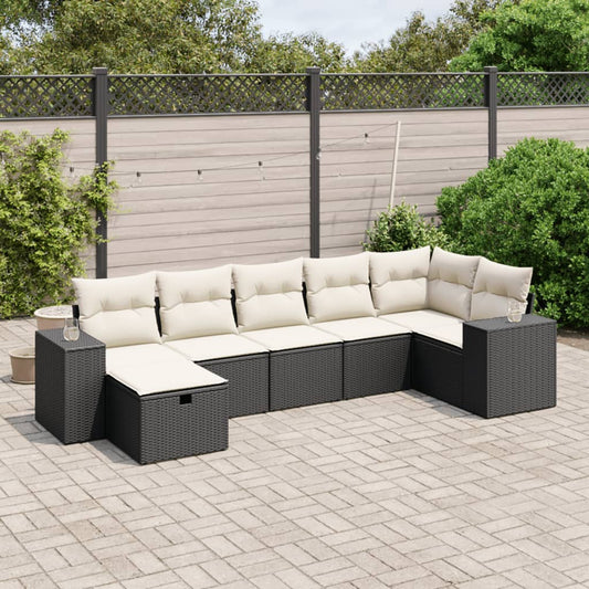 Set De Comedor De Jardín 7 Pzas Y Cojines Ratán Sintético Negro