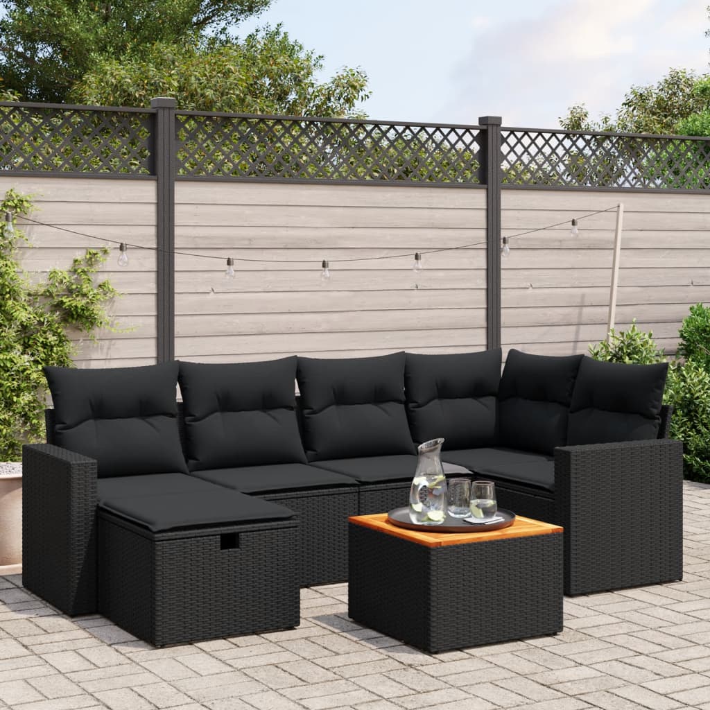 Set De Sofás De Jardín 7 Pzas Con Cojines Ratán Sintético Negro
