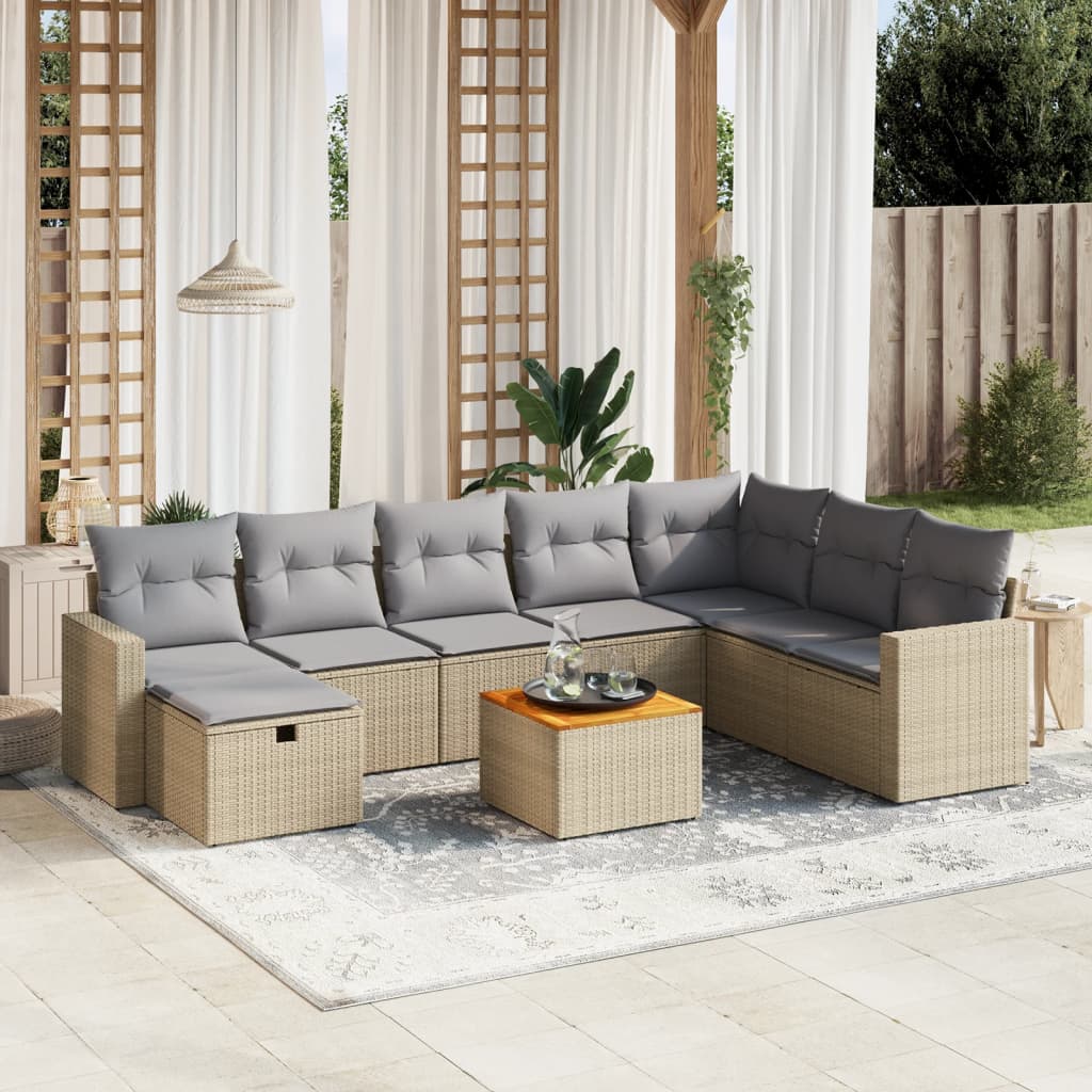 Set De Sofás De Jardín Con Cojines 9 Pzas Ratán Sintético Beige