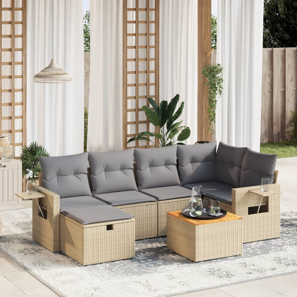 Set Sofás De Jardín 7 Piezas Y Cojines Ratán Sintético Beige