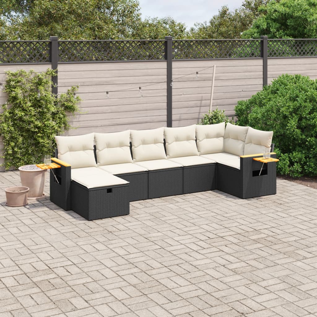 Set De Comedor De Jardín 7 Pzas Y Cojines Ratán Sintético Negro