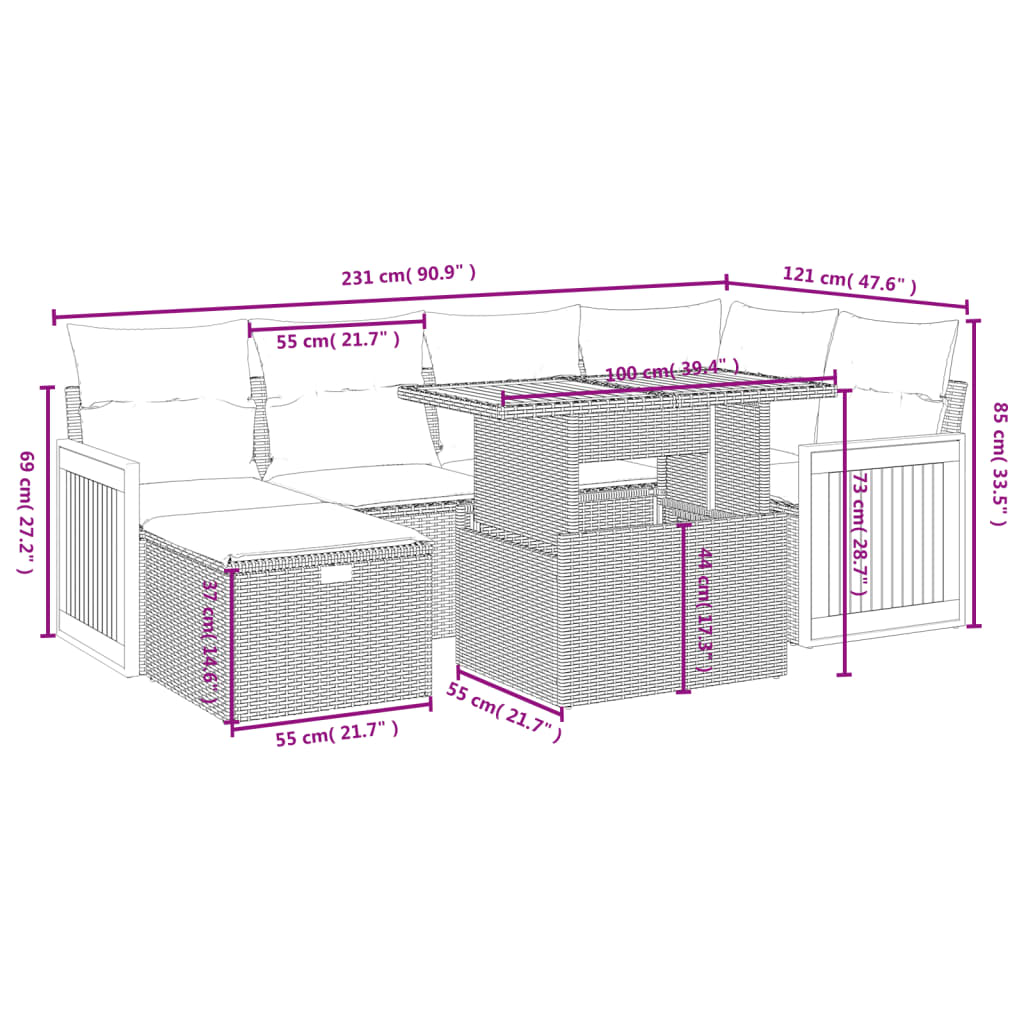 Set De Comedor De Jardín 7 Pzas Y Cojines Ratán Sintético