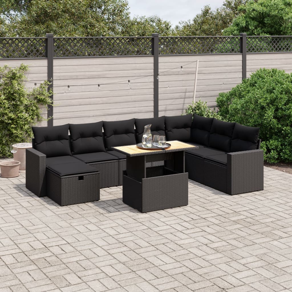 Set De Sofás De Jardín Con Cojines 9 Pzas Ratán Sintético Negro