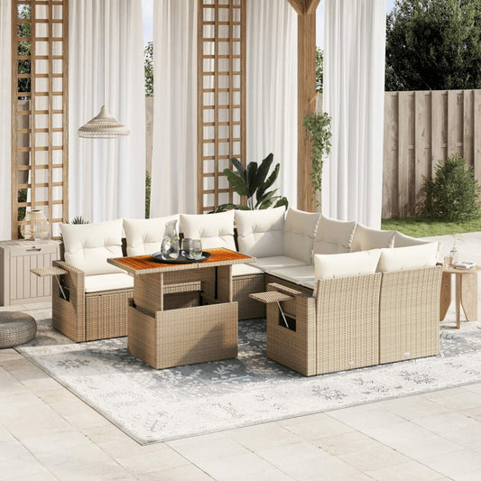 Set De Sofás De Jardín Con Cojines 9 Pzas Ratán Sintético Beige