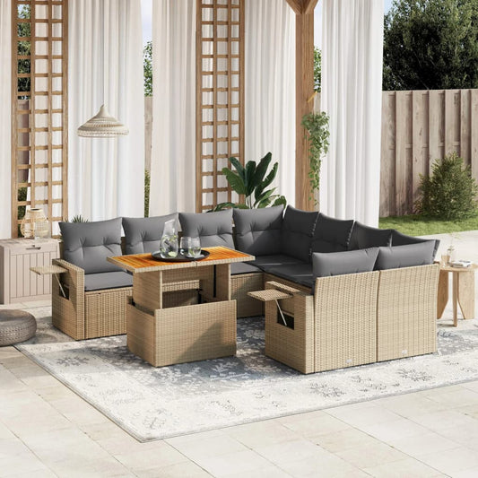 Set De Sofás De Jardín Con Cojines 9 Pzas Ratán Sintético Beige