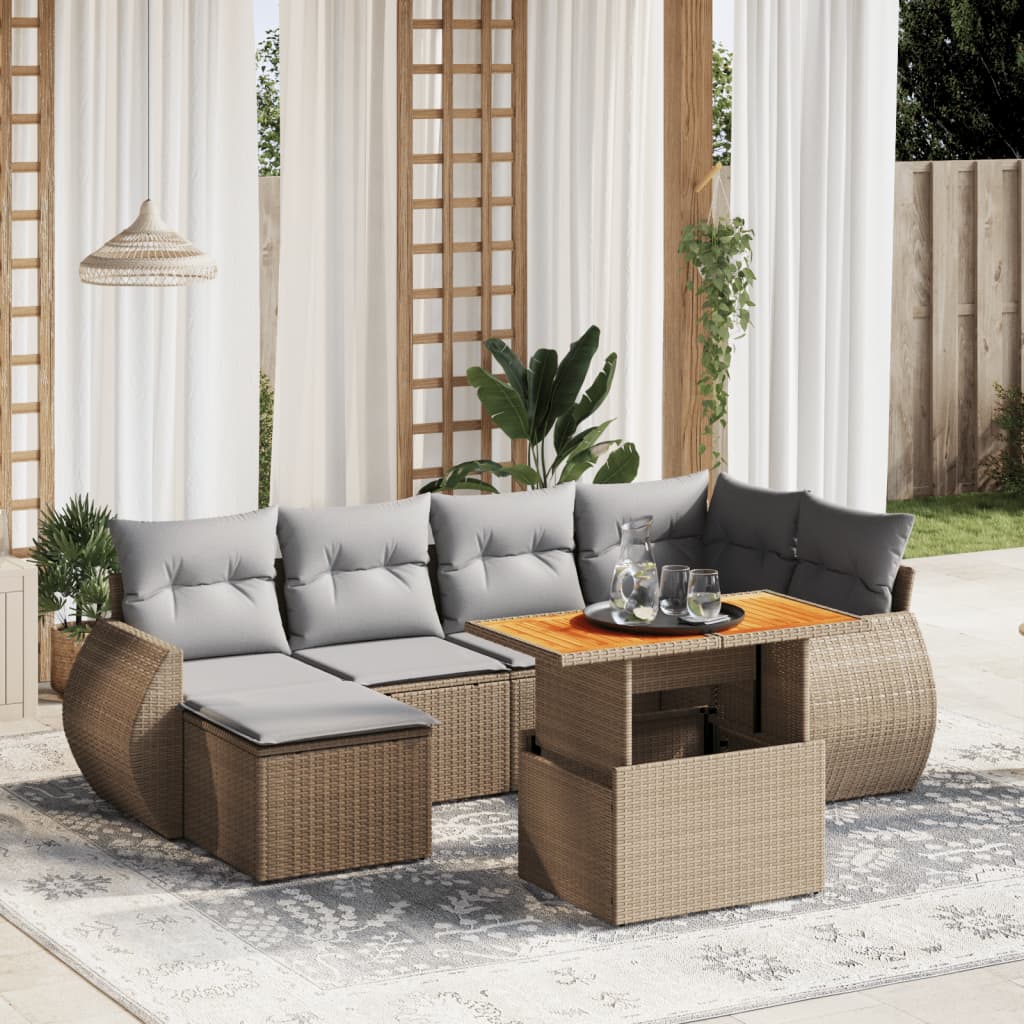 Set Sofás De Jardín 7 Piezas Y Cojines Ratán Sintético Beige