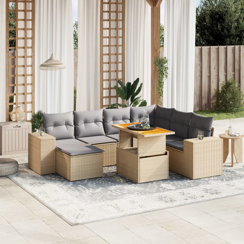 Set De Sofás De Jardín Y Cojines 8 Piezas Ratán Sintético Beige