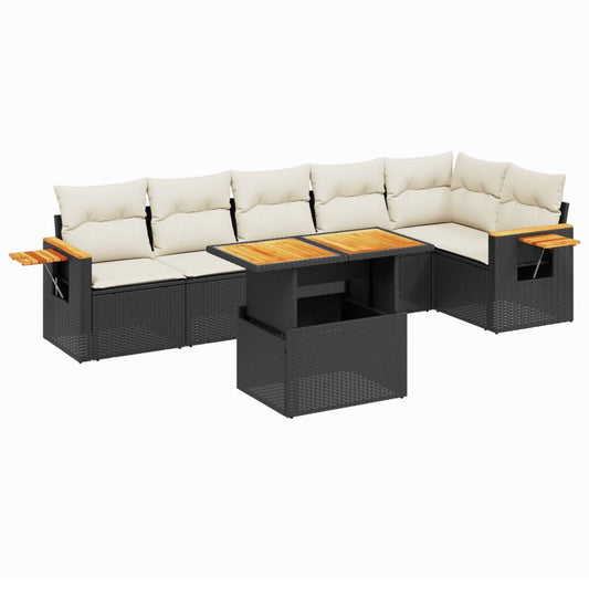 Set De Comedor De Jardín 7 Pzas Y Cojines Ratán Sintético Negro