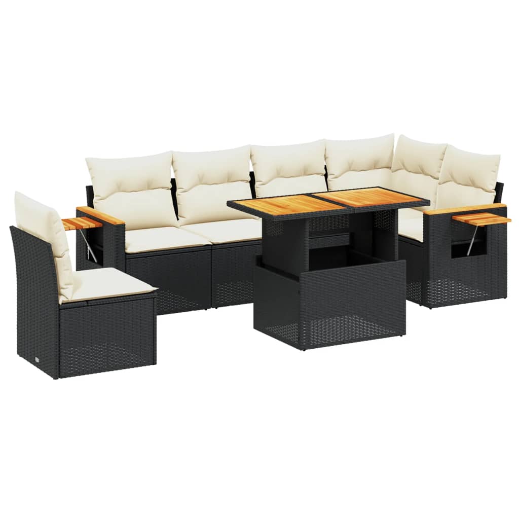 Set De Comedor De Jardín 7 Pzas Y Cojines Ratán Sintético Negro
