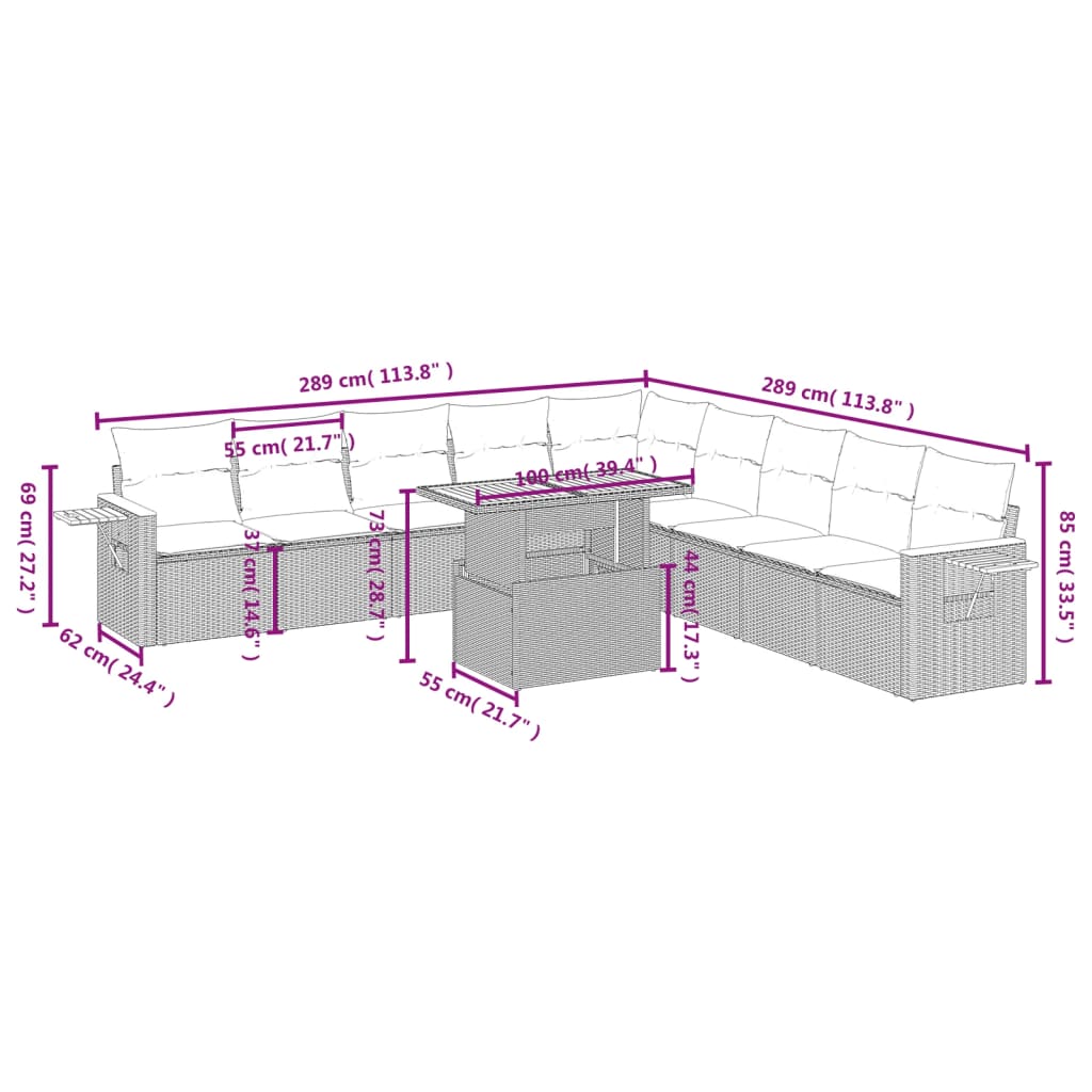 Set De Sofás De Jardín 11Pzas Con Cojines Ratán Sintético Beige