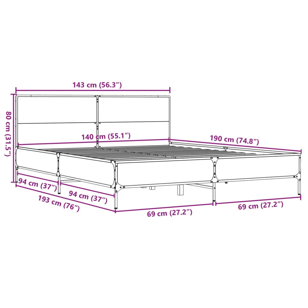 Estructura Cama Madera Ingeniería Metal 140X190 Cm