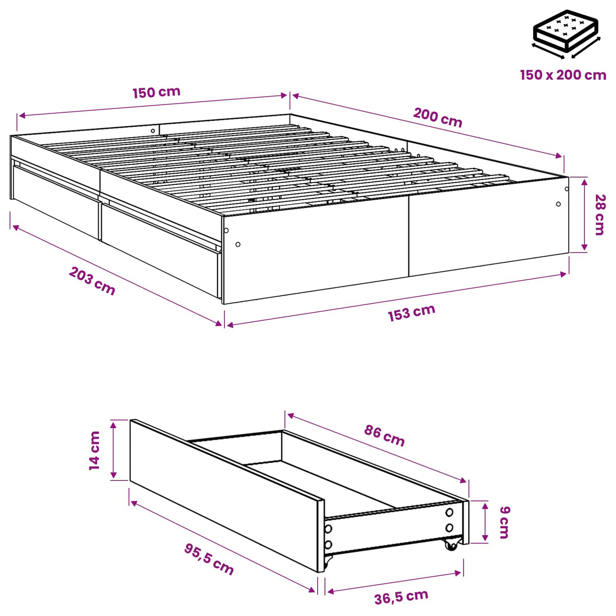 Estructura Cama Con Cajones Madera Ingeniería Blanca