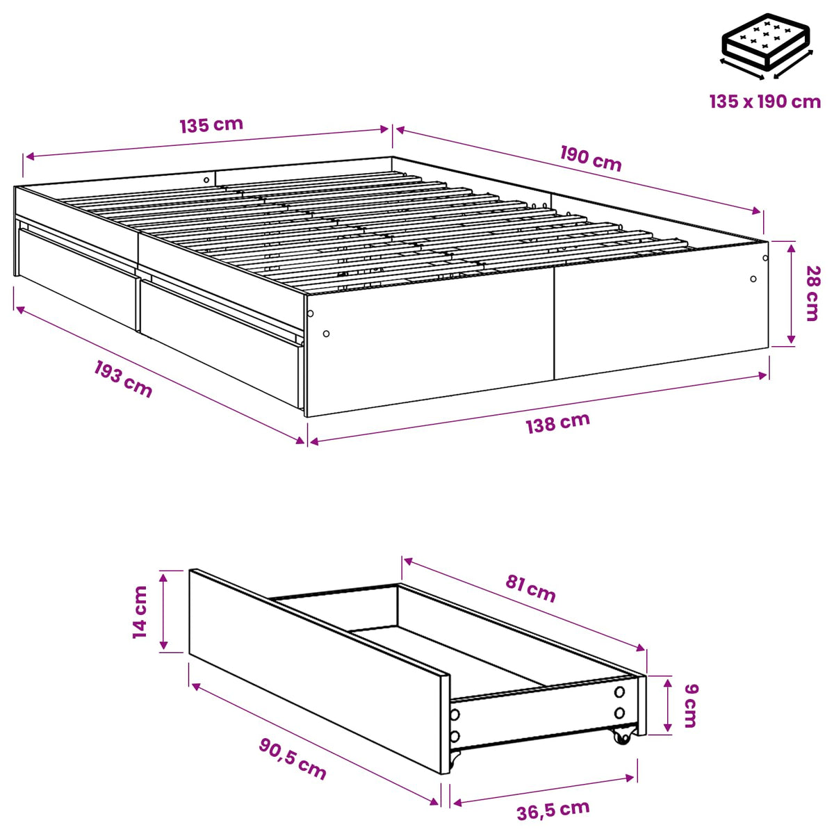 Cama Con Cajones Madera De Ingeniería