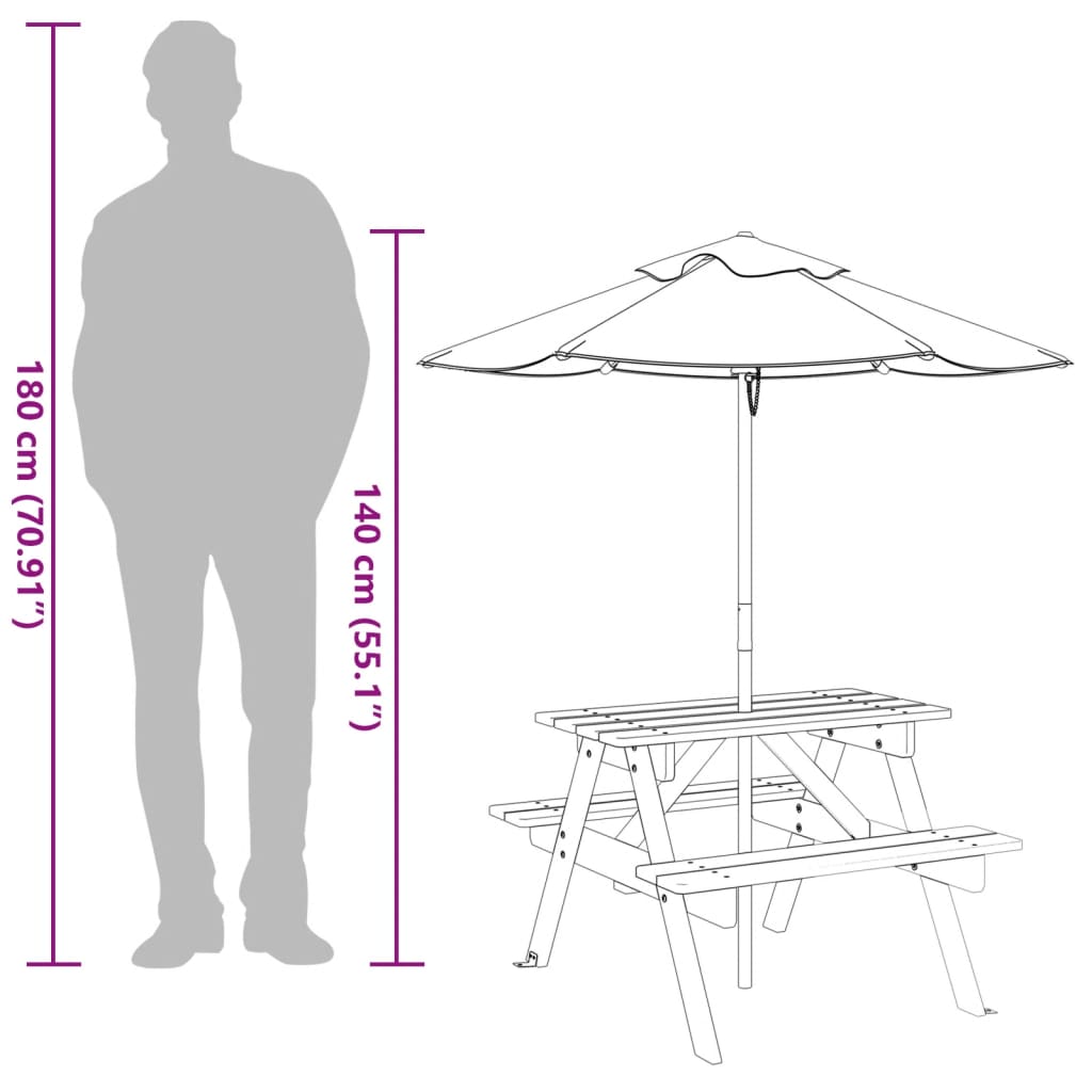 Mesa De Picnic Para 4 Niños Agujero Para Sombrilla Madera Abeto