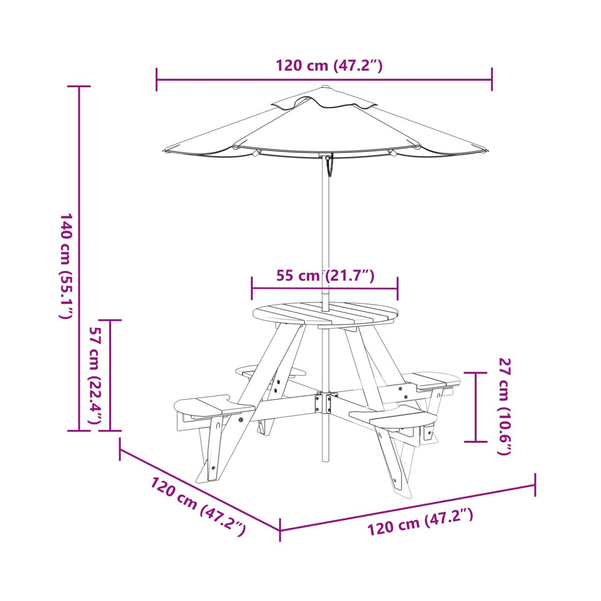 Mesa De Picnic Para 4 Niños Agujero Para Sombrilla Madera Abeto