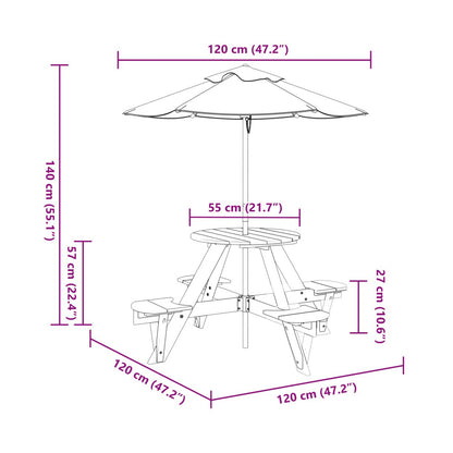 Mesa De Picnic Para 4 Niños Agujero Para Sombrilla Madera Abeto