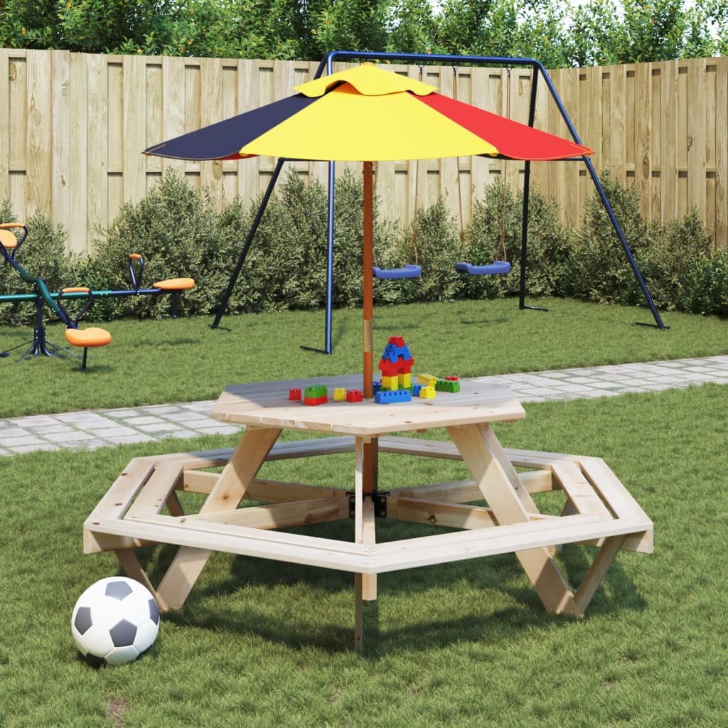 Mesa De Picnic Hexagonal 6 Niños Agujero Sombrilla Madera Abeto