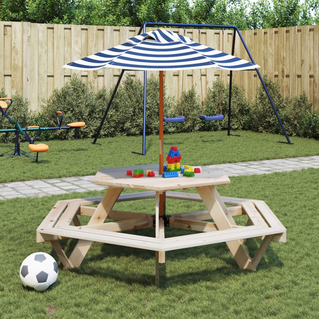 Mesa De Picnic Hexagonal 6 Niños Agujero Sombrilla Madera Abeto
