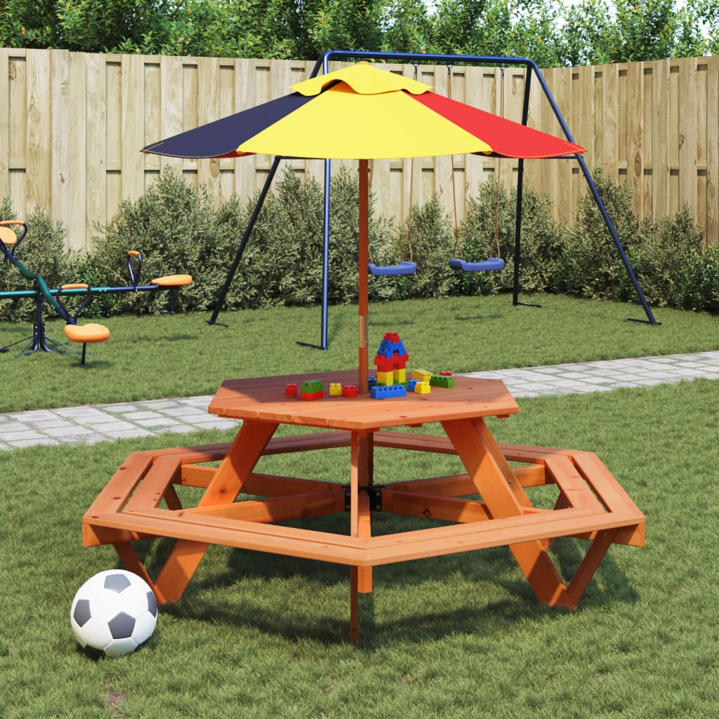 Mesa De Picnic Hexagonal 6 Niños Agujero Sombrilla Madera Abeto