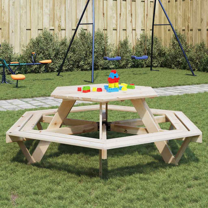 Mesa De Picnic Hexagonal 6 Niños Agujero Sombrilla Madera Abeto