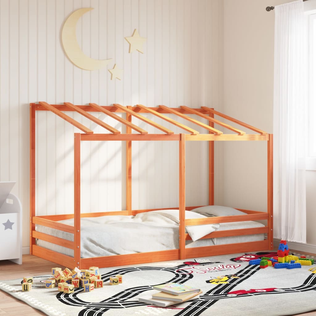 Cama Infantil Con Techo Madera Maciza Pino Marrón