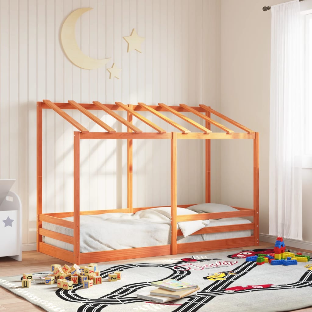 Cama Infantil Con Techo Madera Maciza Pino Marrón