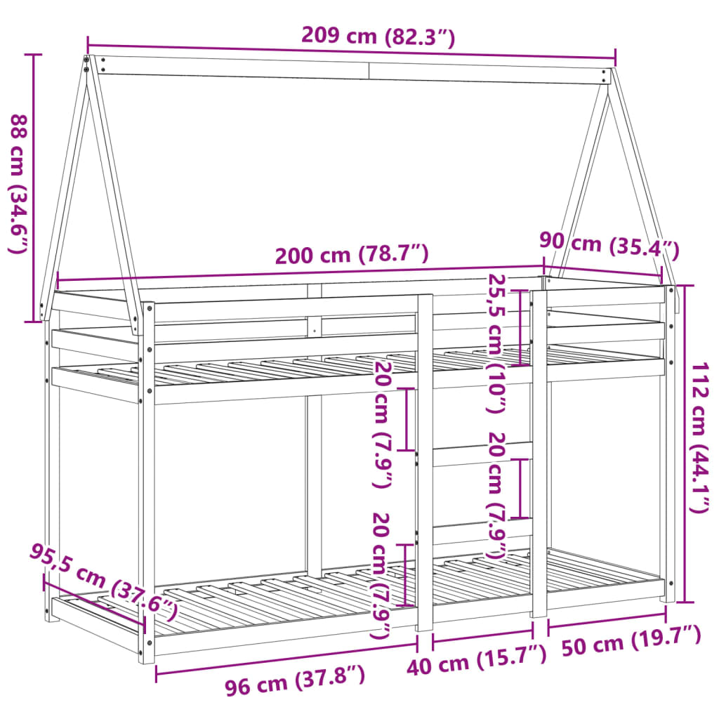 Cama Litera Con Techo Madera Maciza Pino Marrón