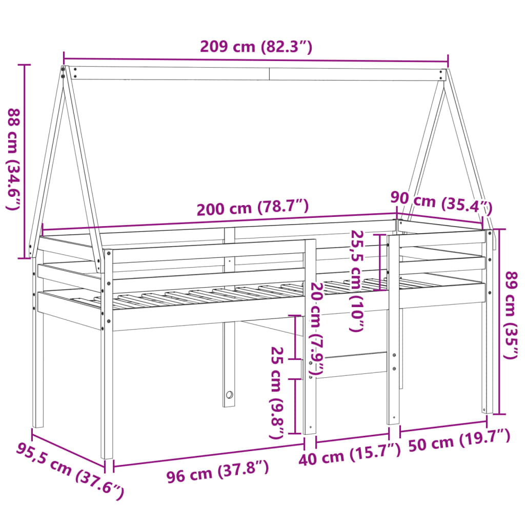 Cama Alta Con Techo Madera Maciza De Pino