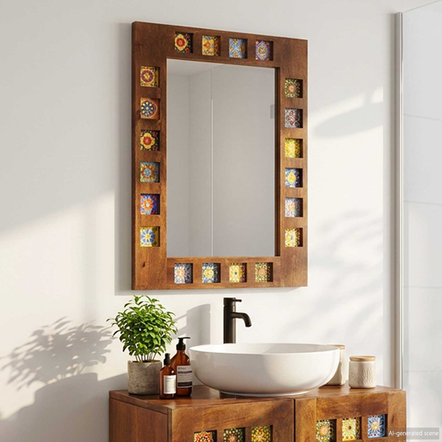 Espejo De Baño 50 X 70 X 3 Cm Madera De Mango Maciza